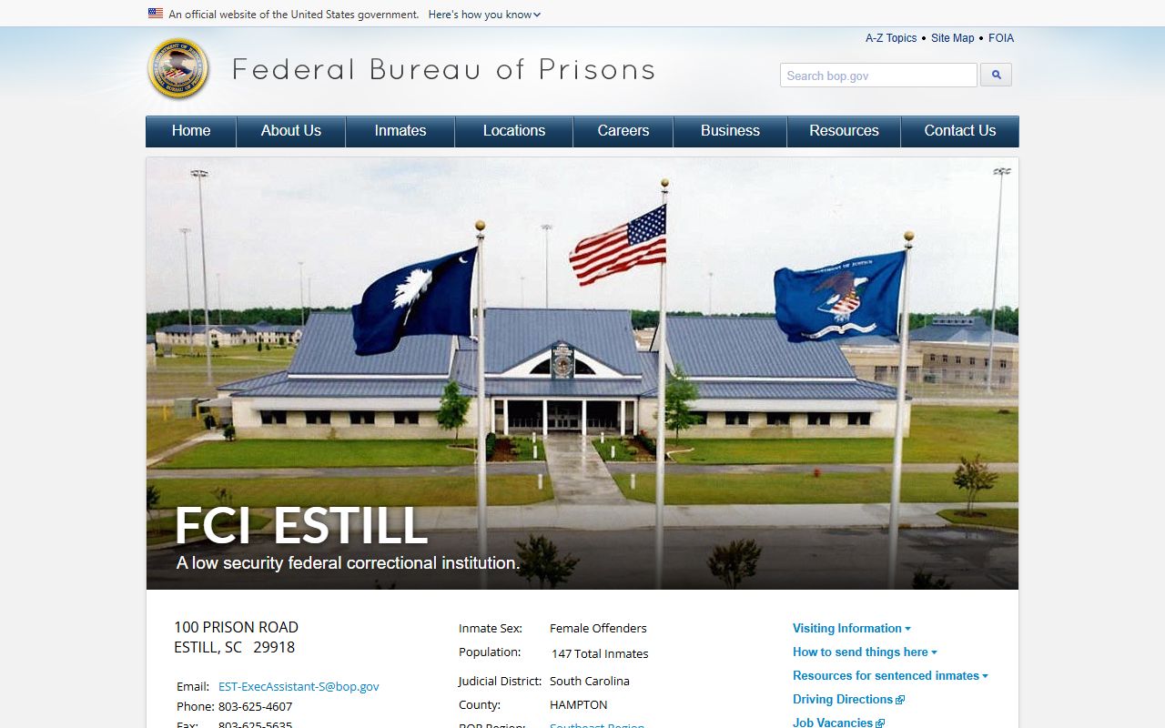 Federal Correctional Institution Estill BOP inmate lookup facility page